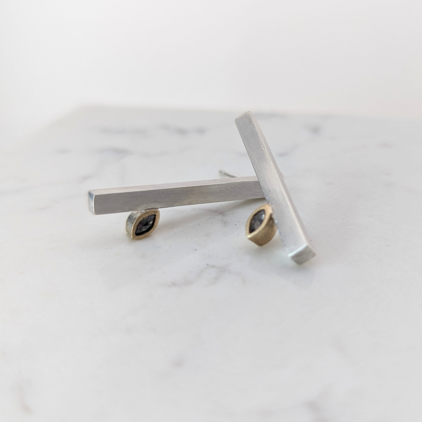 LUCY BURKE - Bar Studs with Marquis Grey Diamonds, Sterling Silver & 9ct Gold