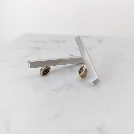 LUCY BURKE - Bar Studs with Marquis Grey Diamonds, Sterling Silver & 9ct Gold