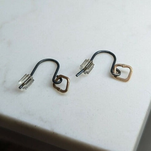 BEA JANERO Indian summer tiny earrings recycled oxidised silver + 9kt yellow gold