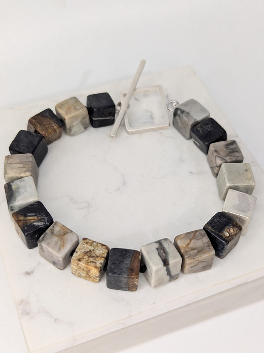 LUCY BURKE - Picasso Jasper bead bracelet with silver cube & silver square clasp