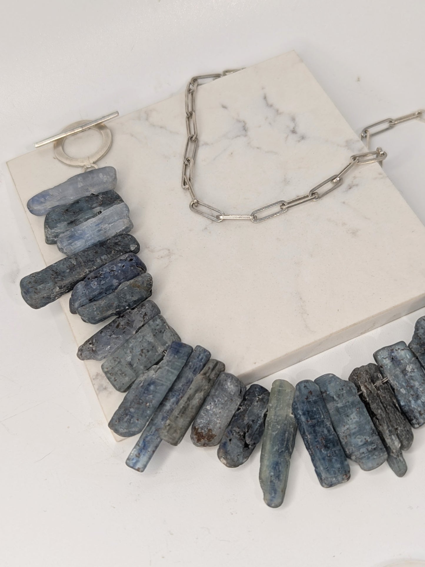 LUCY BURKE - Blue stone rough cut necklace with paperclip chain & silver clasp