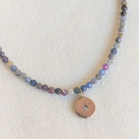 ANNE MORGAN - Sapphire Beaded Necklace with Diamond Pendant set in 9ct Yellow Gold