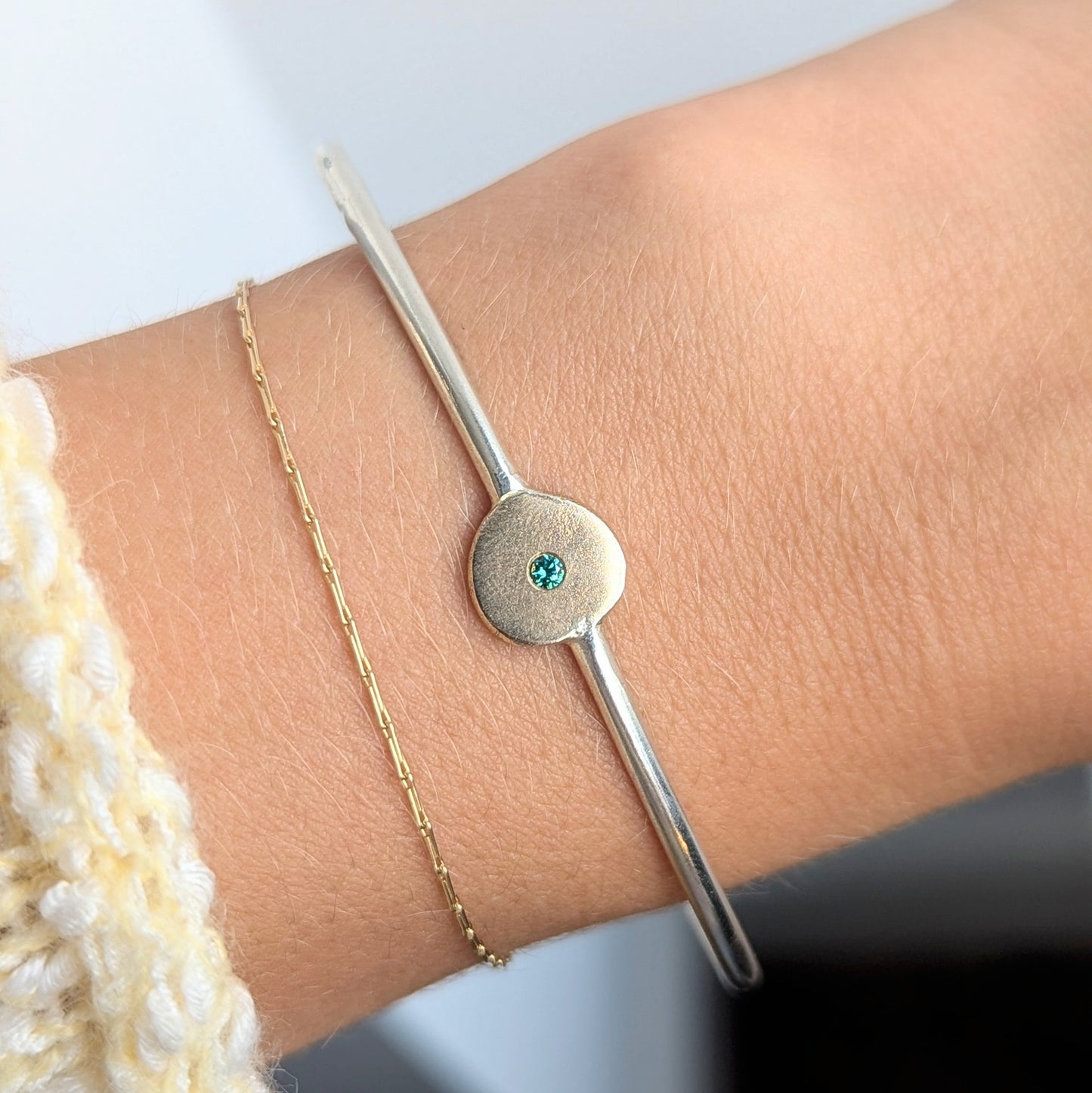 ANNE MORGAN - MoonDisc Silver Bangle with 9ct Yellow Gold and Diamond