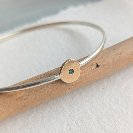 ANNE MORGAN - MoonDisc Silver Bangle with 9ct Yellow Gold and Diamond
