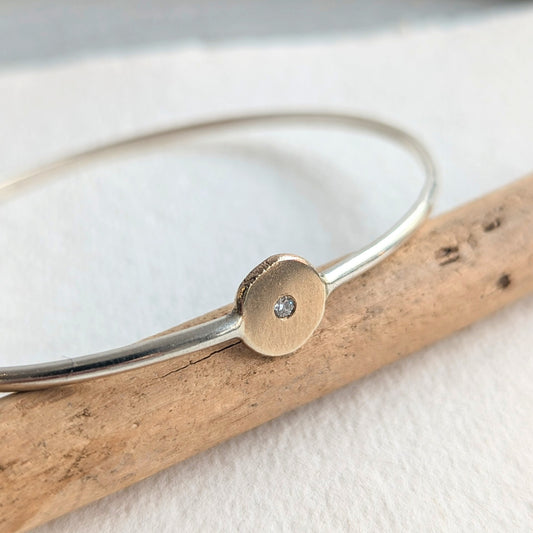 ANNE MORGAN - MoonDisc Silver Bangle with 9ct Yellow Gold and Diamond