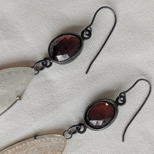 ANNE MORGAN - Eliza- Garnet Drops in Oxidised Silver with Mother of Pearl