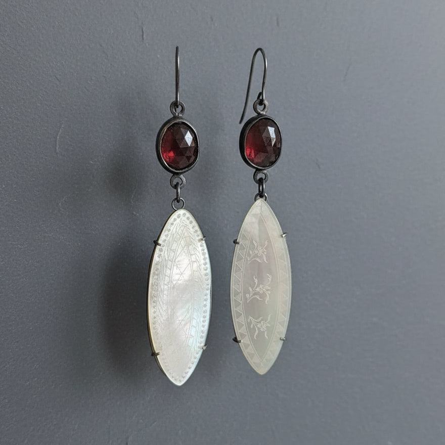 ANNE MORGAN - Eliza- Garnet Drops in Oxidised Silver with Mother of Pearl