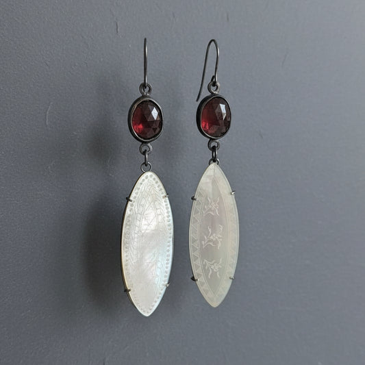 ANNE MORGAN - Eliza- Garnet Drops in Oxidised Silver with Mother of Pearl