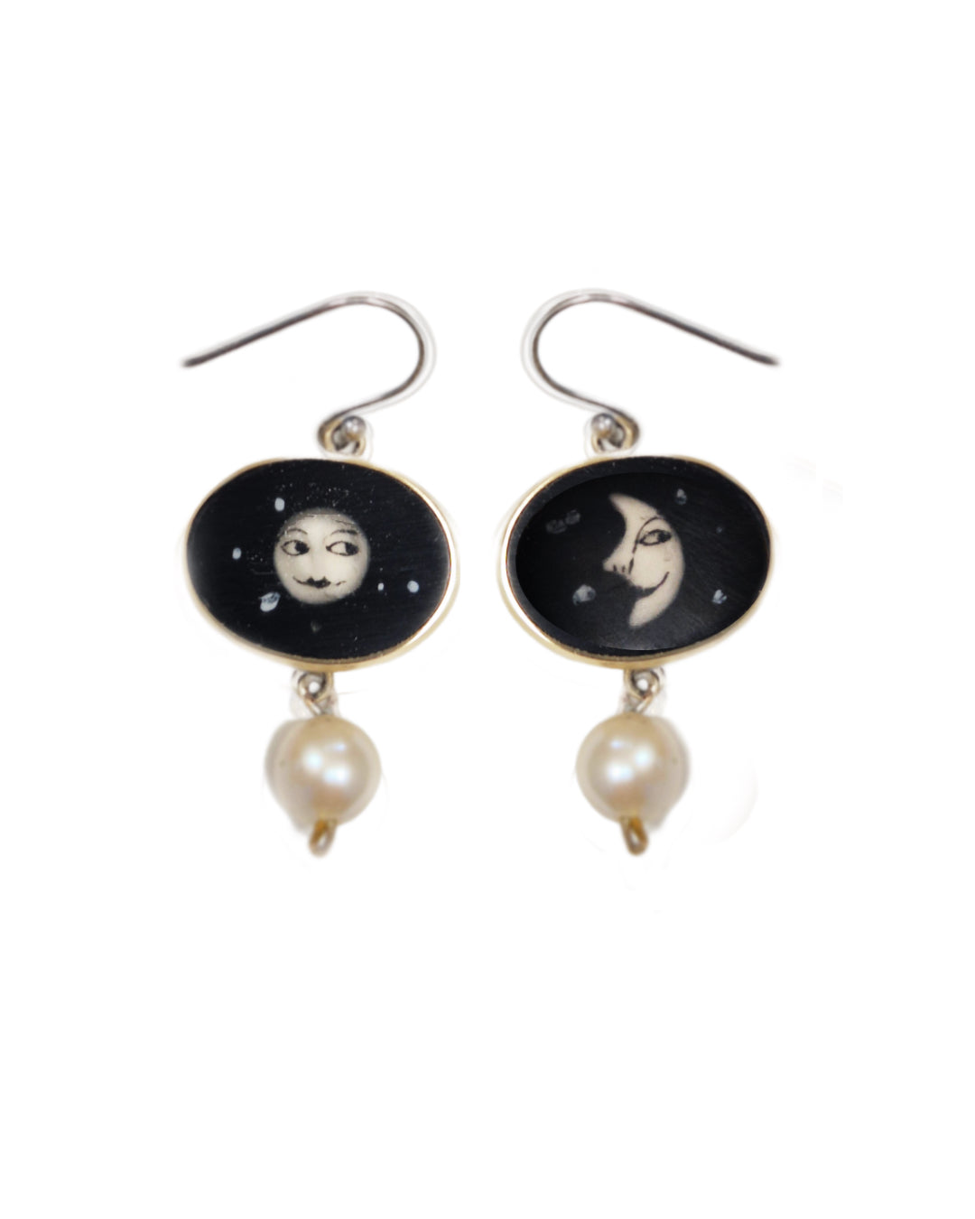 RACHEL LARKINS - Moon Earrings, Hand Painted - Fresh Water Pearls, Brass & Resin