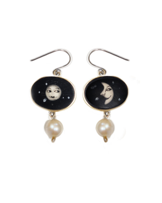 RACHEL LARKINS - Moon Earrings, Hand Painted - Fresh Water Pearls, Brass & Resin
