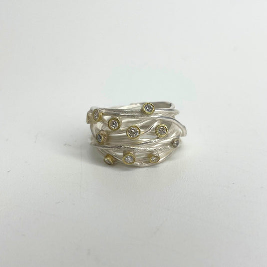 SHIMARA CARLOW - Silver Open Wrap Ring With 11 Mixed Diamonds set in 18ct gold