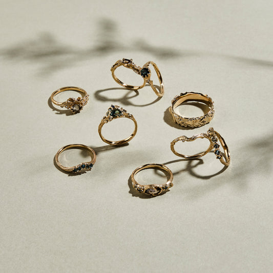 CHARLOTTE ROWENNA - Gorse Ring with Rose Cut Salt & Pepper Pear Diamond and 9 Brilliant Diamonds - 9ct Yellow Gold