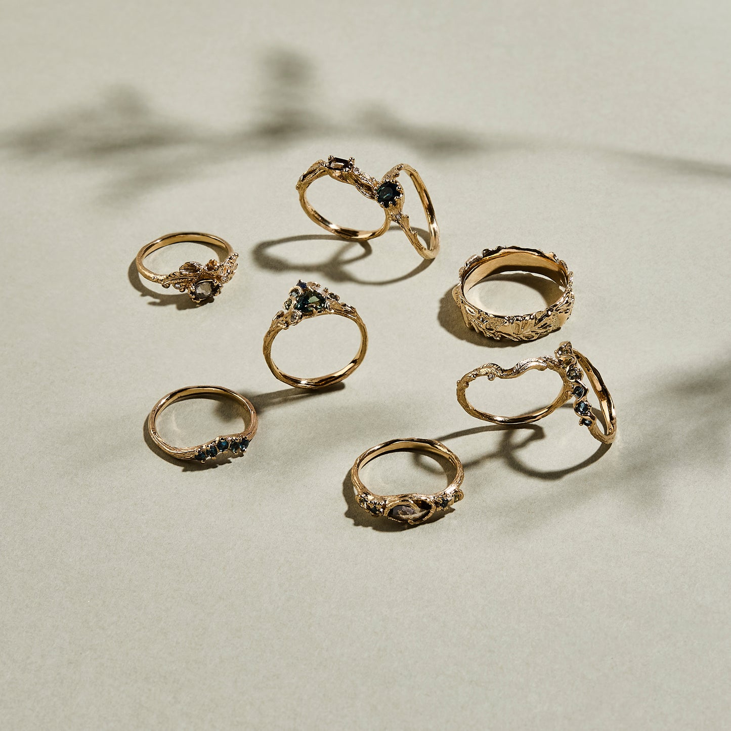 CHARLOTTE ROWENNA - Fae Medow Ring with Rose Cut Salt & Pepper Brown Pear Diamond and 4 Sapphires - 9ct Yellow Gold