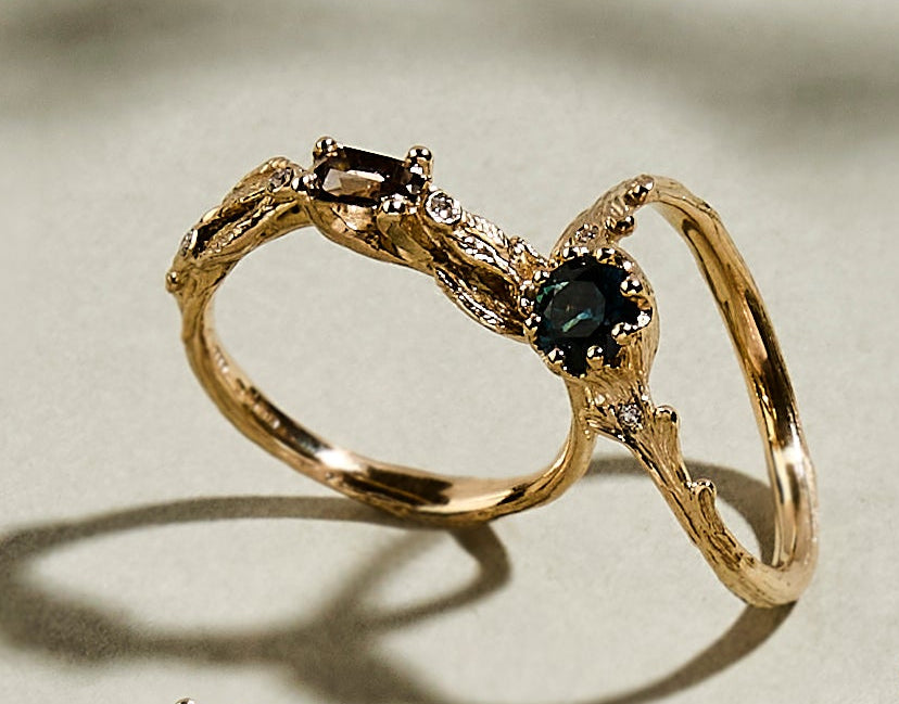 CHARLOTTE ROWENNA - Rowan Ring with 0.76ct Free Form Champange Diamond and 2 Brilliant Diamonds - 9ct Yellow Gold, Size I1/2