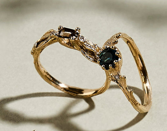 CHARLOTTE ROWENNA - Rowan Ring with 0.76ct Free Form Champange Diamond and 2 Brilliant Diamonds - 9ct Yellow Gold, Size I1/2