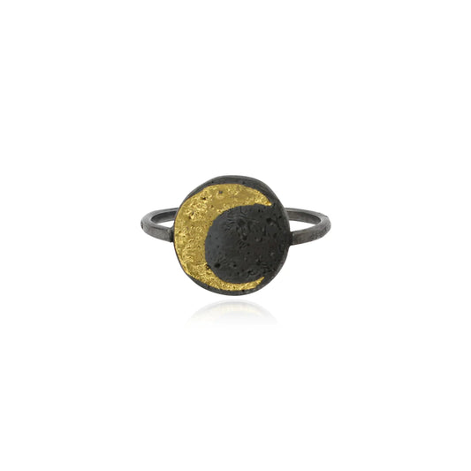 MOMOCREATURA- Moon Disc Ring Yellow Gold Plated x Oxidised Silver 