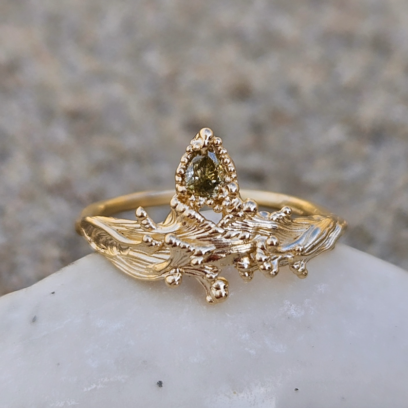 SARAH BROWN - Wave Diamond Ring with Pear Shaped Green Diamond