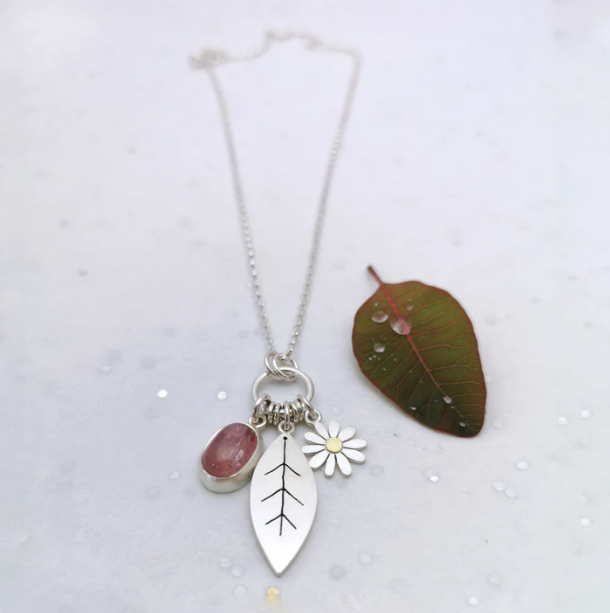 DIANA GREENWOOD - Aster, leaf and rosecut pink sapphire necklace, silver, 18ct gold