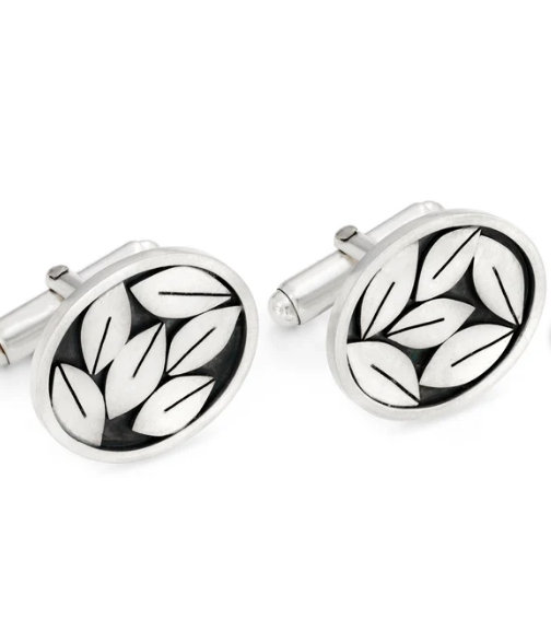 DIANA GREENWOOD - Oval Silver Leafy Cufflinks