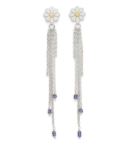 DIANA GREENWOOD - Daisy and tassel Earrings, Silver, 18ct gold, tanzanites