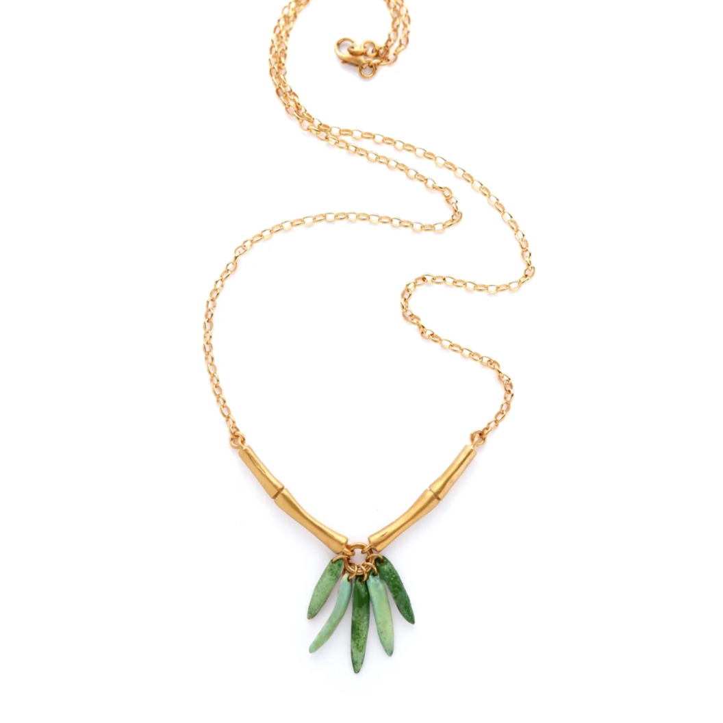 ROSITA BONITA - Bam Boo Shoot necklace, gold vermeil with green enamel leaves