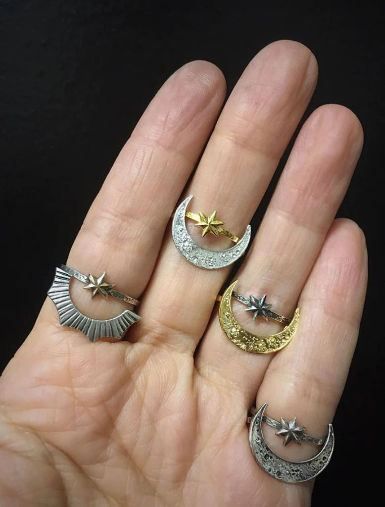 MOMOCREATURA-  Silver Crescent Moon & Gold Star Ring Set 