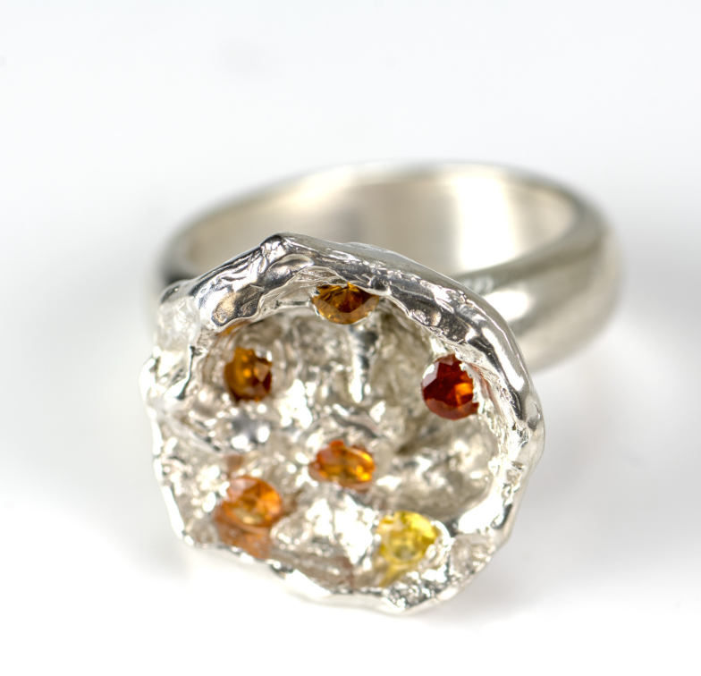 CLAIRE QUICK - Textured sterling silver and orange sapphire dome ring with 6 Australian sapphires, and wide silver ring shank