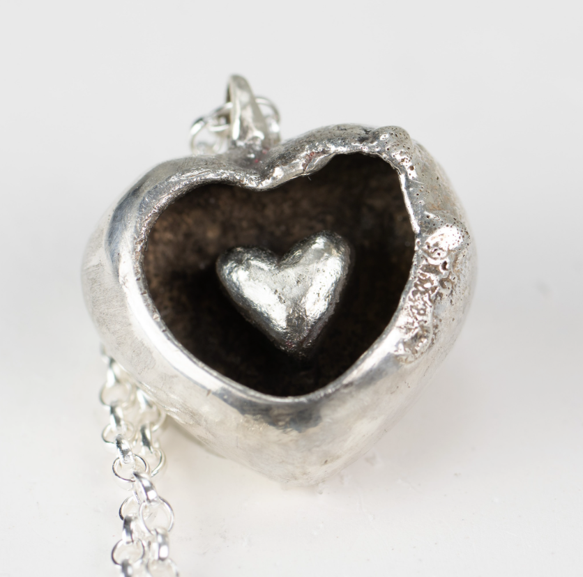 CLAIRE QUICK - Silver Heart within a Heart Pendant, Oxidised - Smooth