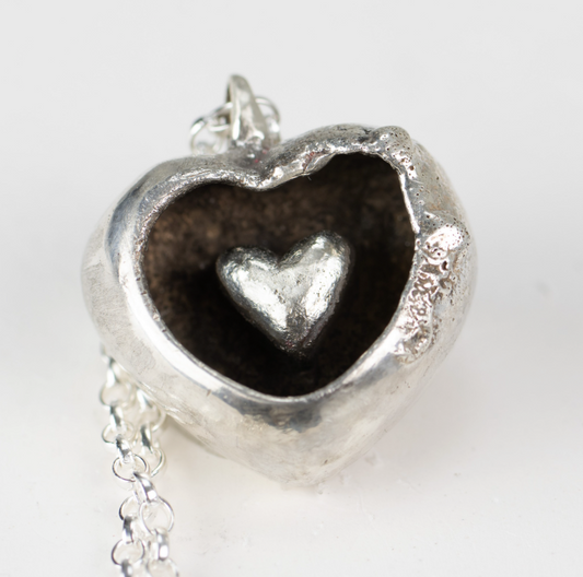 CLAIRE QUICK - Silver Heart within a Heart Pendant, Oxidised - Smooth