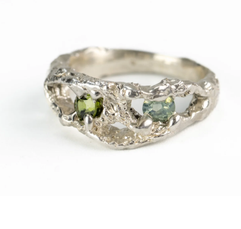 CLAIRE QUICK - Beneath the Surface carved textured ring Sterling Silver and Green Zircon