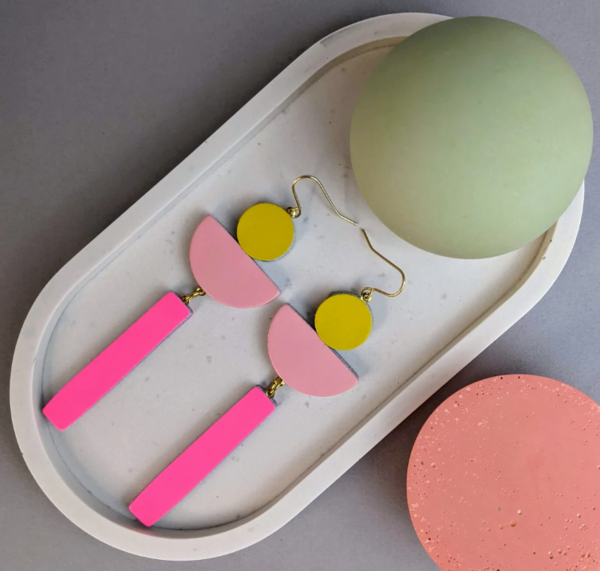 KAY MORGAN - Leather yellow/ pale pink/ fluoro pink arc earrings