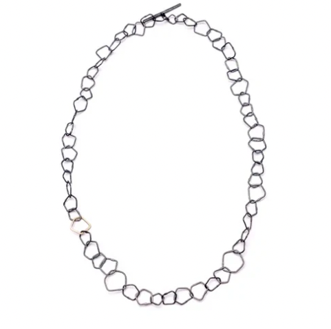 BEA JANERO Indian summer necklace oxidised silver irregular flat signature links with single 9ct yg irregular link, t-bar clasp 18'' /46cm