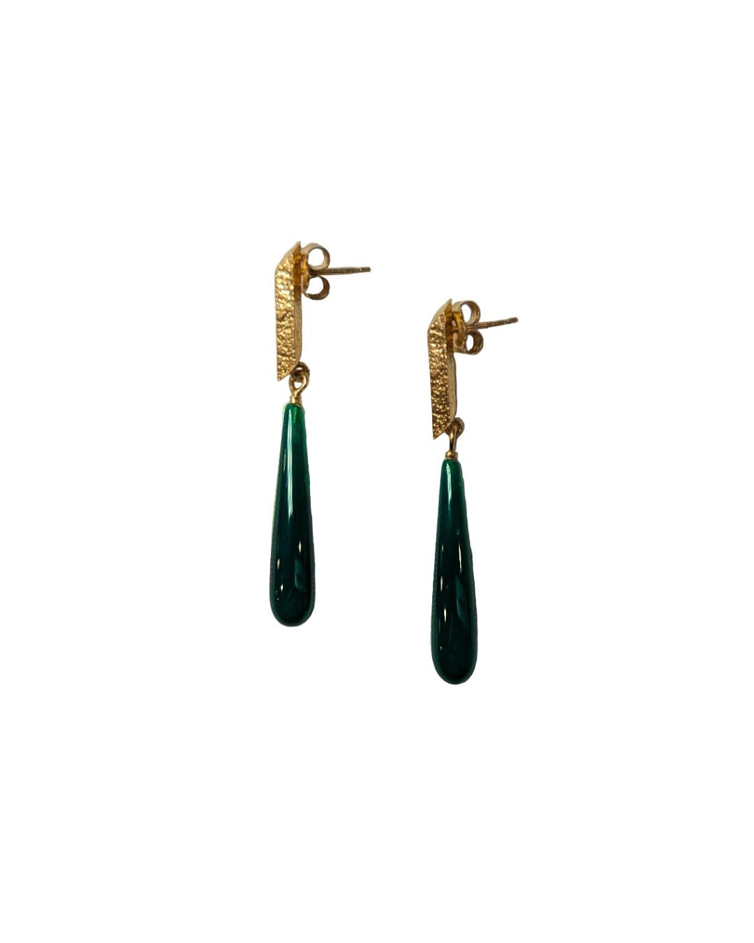LUCY THOMPSON - Angled bar earrings with long green agate drop - large yellow gold plated
