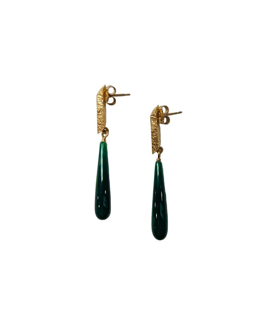 LUCY THOMPSON - Angled bar earrings with long green agate drop - large yellow gold plated