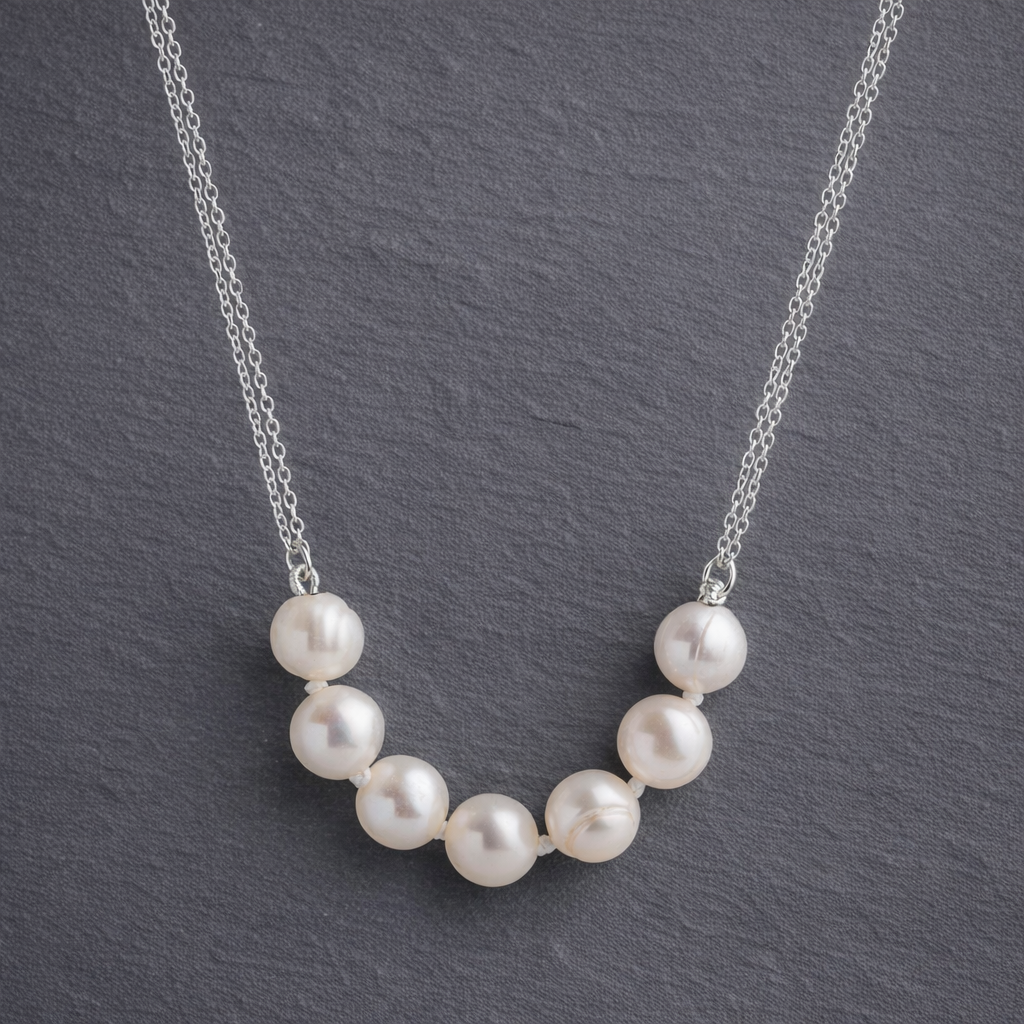 ANNE MORGAN - Half moon 7 pearl necklace with sterling silver double chain 16''