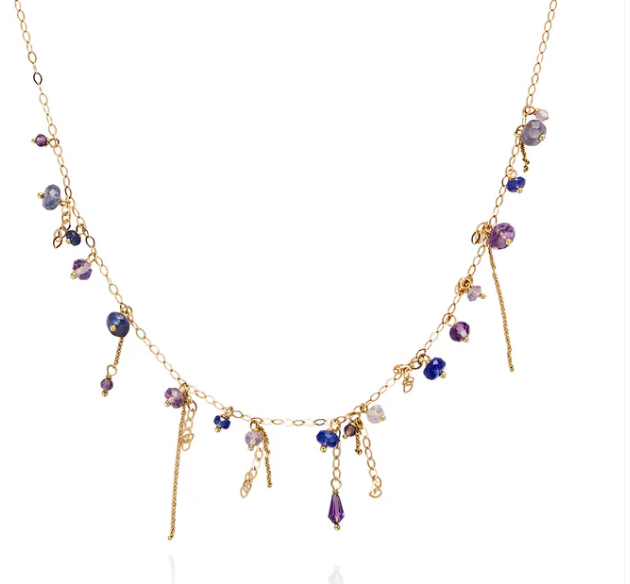 SWEET PEA Fine Jewellery - 8ct yellow gold chain necklace with hanging tanzanite and amethyst beads and chains length 16"