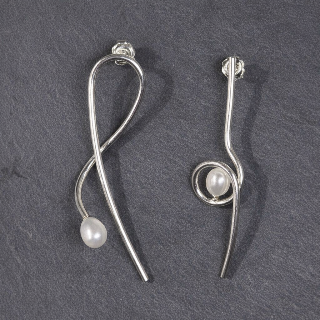 ANNE MORGAN - Athena Asymetrical (swoop & loop) long wire studs with pearls