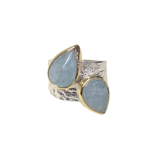 ANNE MORGAN - Luna ring with two pair shape cabochon aquamarines