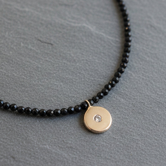 ANNE MORGAN - Onyx Beaded Necklace with Diamond Pendant set in 9ct Yellow Gold