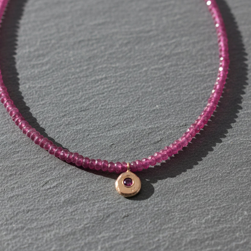 ANNE MORGAN - Ruby Beaded Necklace with Ruby Pendant set in 9ct Yellow Gold