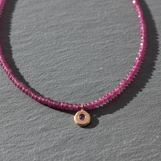ANNE MORGAN - Ruby Beaded Necklace with Ruby Pendant set in 9ct Yellow Gold