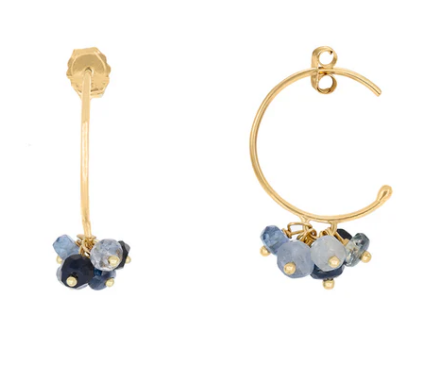 SWEET PEA Fine Jewellery - 18ct yellow gold small hoops with half ring and cluster of sapphire beads hoop diameter 15mm
