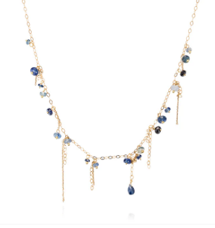 SWEET PEA Fine Jewellery - 18ct yellow gold chain necklace with hanging blue sapphire beads and chains length 16"