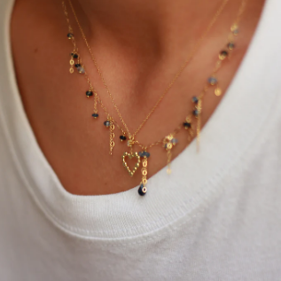 SWEET PEA Fine Jewellery - 18ct yellow gold chain necklace with hanging blue sapphire beads and chains length 16"