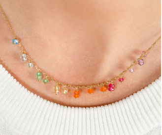 SWEET PEA Fine Jewellery - 18ct yellow gold chain necklace with a rainbow of precious beads length 16"