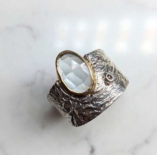 Luna silver wedge ring with aqua set in 18ct yellow gold and small diamond