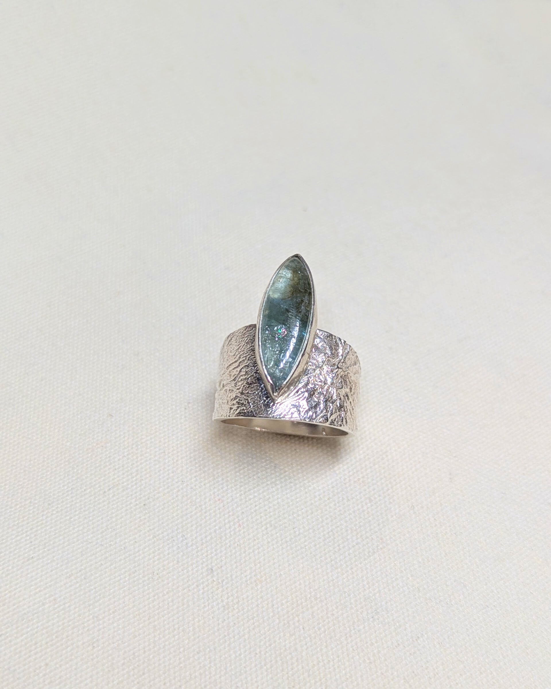 Sterling silver luna ring with marquise Cab aqua