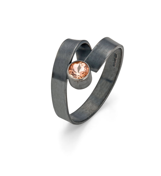 JODIE HOOK - Solitaire Loop Ring with Peach Imperial Topaz, Oxidised Sterling Silver