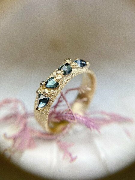AMI PEPPER - Wide mermaid ring - wide seaweed textured band set with pear sapphires, 9ct yellow gold O 1/2 finger size