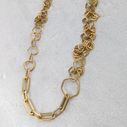 Bea Jareno -  24ct Yellow Gold Plated necklace with multiple irregular link sections. Aqua cab on clasp 17 inch